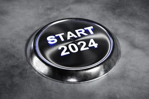 Start button 2024. push button with text 2024 on dark background. illuminat.. Stock Illustration