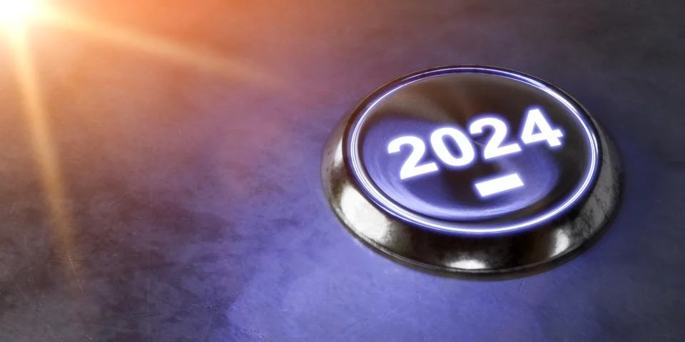 Start button 2024. push button with text 2024 on dark background. illuminated Stock Photos