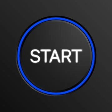 Start button with a blue circle isolated on a black background. Stylish start Illustrazione stock