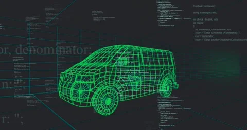 At start C++ code panels fading, scrolling around green wireframe van, 3D grid Stock Footage 326765610
