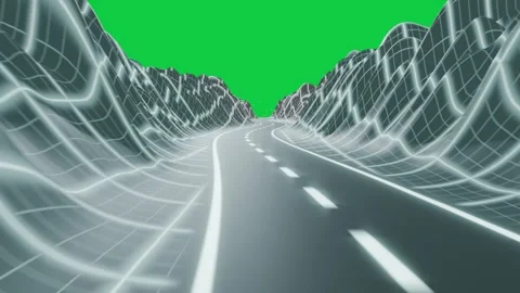 On start camera at center pushing toward lights to reveal neon road, mesh hills, Video stock 337506325