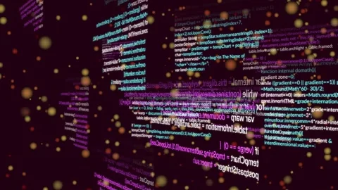 On start camera flying through violet tech space, revealing layered code and Stock Footage 330652194