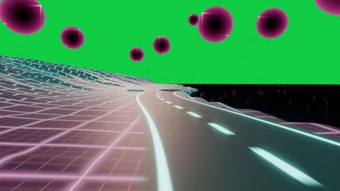 On start camera moving while neon road curving right magenta grid on transparent Stock Footage 337506315