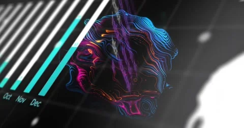 On start camera panning, 3D blob rotating and morphing, revealing Jan-Dec bars, Stock Footage 333829856