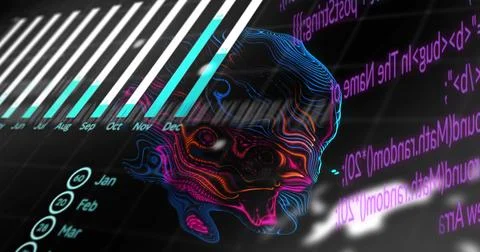 On start camera panning, 3D blob rotating and morphing, revealing Jan-Dec bars, Stock Illustration