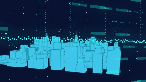 On start, camera panning and cyan 3D city grid showing floating data bars for Video stock 322119327