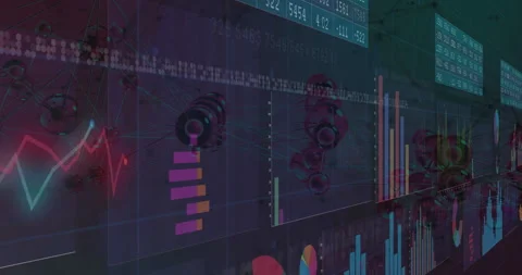 On start camera panning console revealing charts scrolling ticker and drifting Stock Footage 311216805
