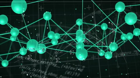 At start camera panning over 3D pulsing green spheres forming connections to Stock Footage 311506153