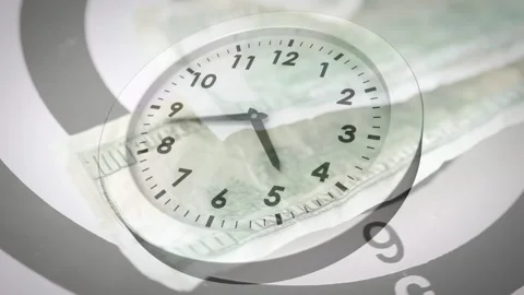 On start, center clock hands moving clockwise, rings spinning, bills sliding, Stock Footage 333802967