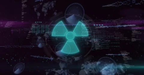 Start central trefoil pulsing shifting green HUD rings spinning code scrolling Stock Footage 330032929