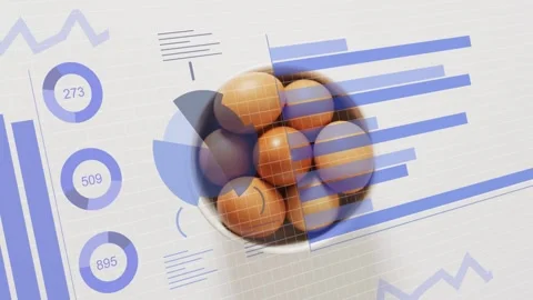 On start ceramic bowl and data charts animating pie wedge rotating bars sliding Stock Footage 334014008