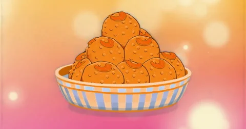 On start ceramic bowl rotating seven laddus revealing bite mark, lights drifting Stock Footage 316095895