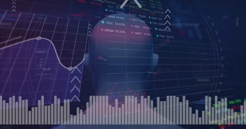 On start CGI head rotating full circle while data bars shifting visualizing Stock Footage 327006451