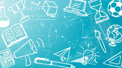 On start chalk icons assembling around chalkboard then math formulas drawing Stock Footage 315535265