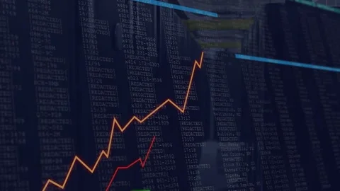 On start chart overlay rising in datacenter aisle, drawing orange and red traces Stock Footage 332577604