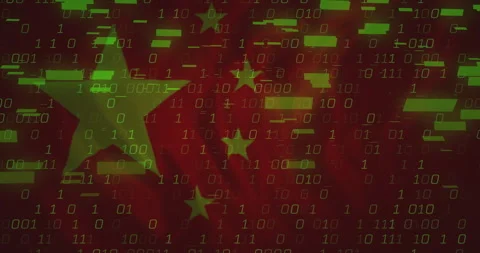 On start, Chinese flag encountering falling binary code, shifting glitch bars Stock Footage 312656399