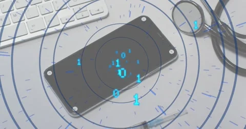 On start, circles and spinning lines pulsing around smartphone floating binary Stock Footage 327845346