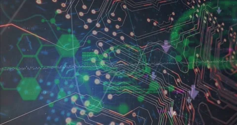 On start, circuit overlay pulsing, green code appearing, dotted waveform waving, Stock Footage 331165983