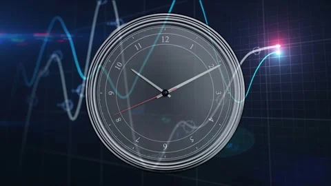 At start clock hands rotating clockwise, traces shifting and nodes pulsing, Stock Footage 337905049