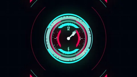 On start, clock interface aligning bars, spinning rings, emerging ticking face, Stock Footage 310140529