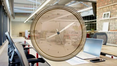 On start clock overlay rotating hands, camera panning right revealing desk, Stock Footage 337905069