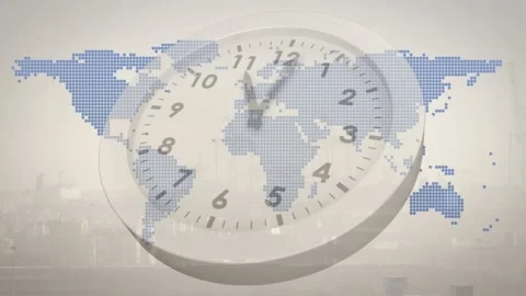 On start clock rotating hands clockwise in small steps, dotted map static, Stock Footage 321099448