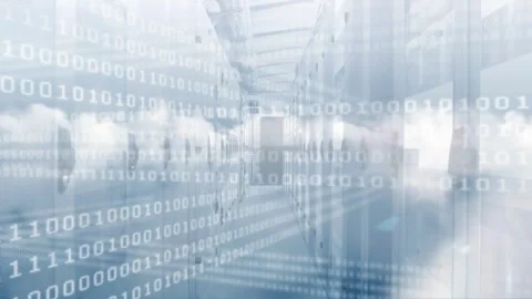 At start cloud binary overlays drifting across server rack aisle advancing Stock Footage 317608019