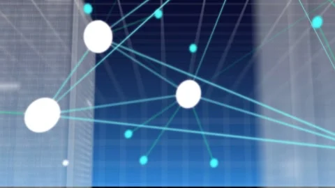 On start clustered cyan nodes moving, connection lines converging on tower, Stock Footage 334337936