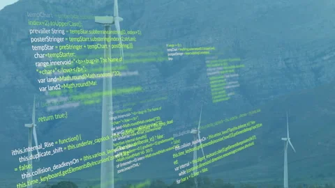 At start code lines appearing over wind turbines, drifting and pulsing Stock Footage 310643776