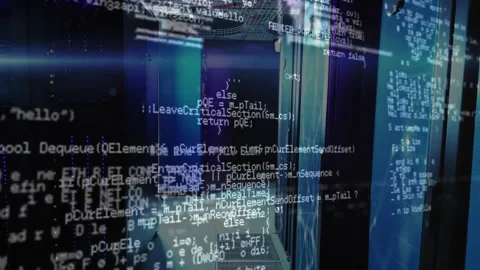 On start code overlay floating above rack aisle scrolling code then fading Video stock 312407579