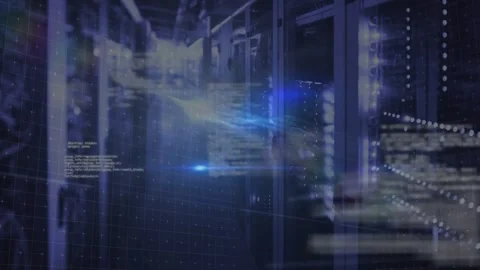 At start code overlay rising, camera gliding down server rack aisle while HUD Stock Footage 331736387