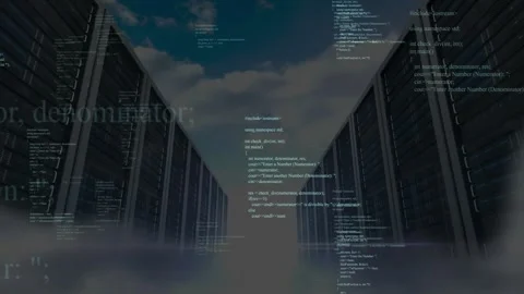 On start, code snippets appearing over server racks, scrolling upward, showing Video stock 328257494
