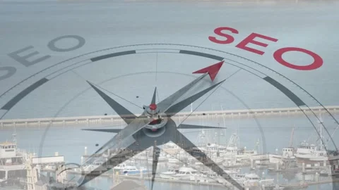 At start compass rose graphic rotating needle clockwise sweeping toward SEO arc Stock Footage 317265235