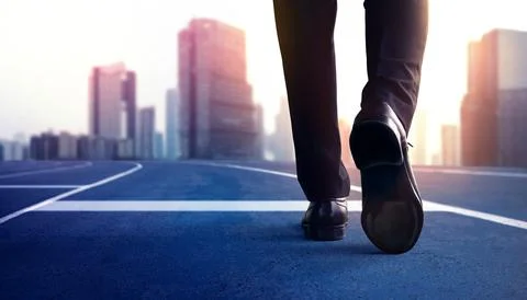Start, Competition Concept. Low Section of Businessman Steps into Start Lin.. Stock Photos