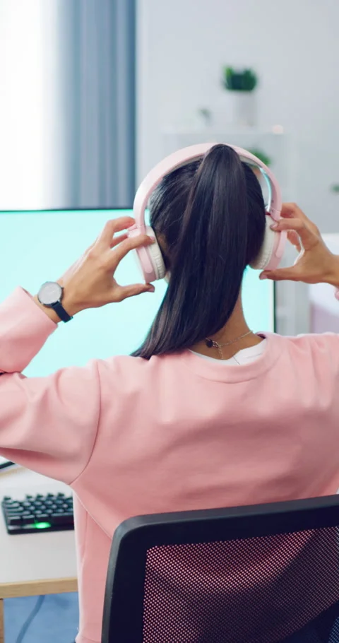 Start, computer screen or woman with headphones for gaming, virtual contest or Stock Footage 335110330