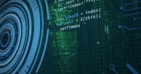 On start concentric blue rings pulsing code text scrolling over server rack Stock Footage 316624039