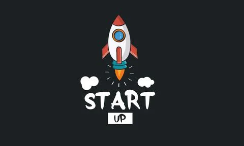 Start up concept - comic start up text with rocket launch. Illustrazione stock