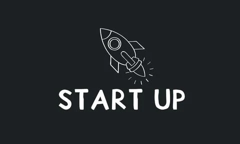 Start up concept - comic start up text with rocket launch. Illustrazione stock