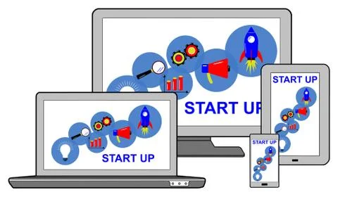 Start up concept on different devices Stock Illustration