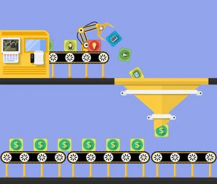 Start Up concept. Money making conveyor. Transformation into money Stock Illustration