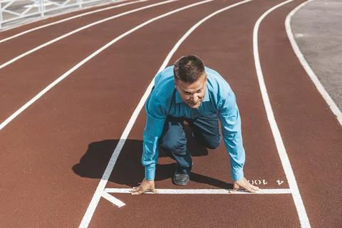 Start Concept. Top view of Man on Start Line, Get Ready for New Challenge. .. Stock Photos