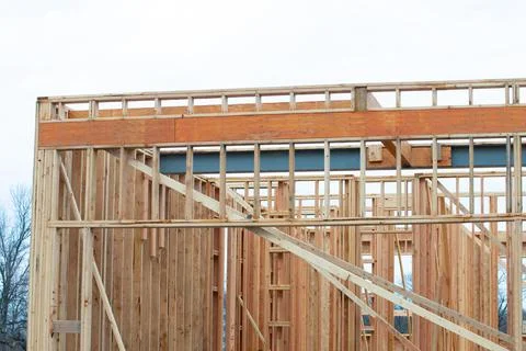 Start of construction of a new house work timber frame material Stock Photos