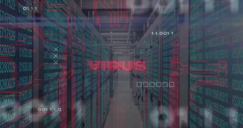 On start corridor showing binary stream, circuits fading, virus flickering and Stock Footage 315577669