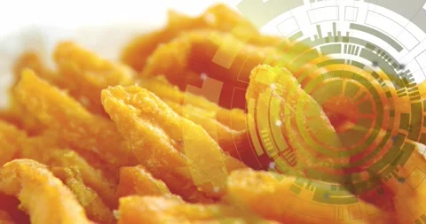 On start crispy strips filling frame, translucent HUD rotating toward tip to Stock Footage 323407146