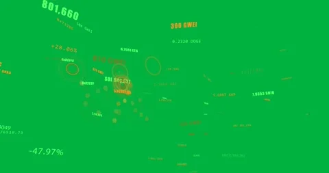 On start crypto HUD orange rings and hexes pulsing, showing green prices on Stock Footage 329532226