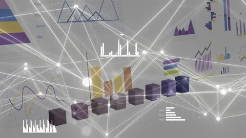 On start cubes turning into rising purple 3D bars while nodes pulsing, showing Stock Footage 335465401