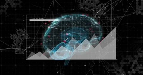 On start cyan brain rotating and mapping pink nodes to chart peaks, showing Stock Footage 329594283