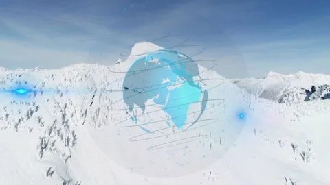 On start cyan globe rotating, rings rising, markers pulsing, camera panning to Video stock 333873385