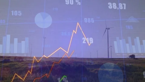 On start data overlay climbing and updating, orange line peaking by turbines Stock Footage 332544781