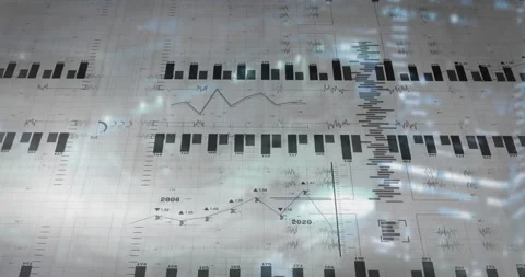 On start data visualization animating bars and lines over grid and blurred city Stock Footage 310150336